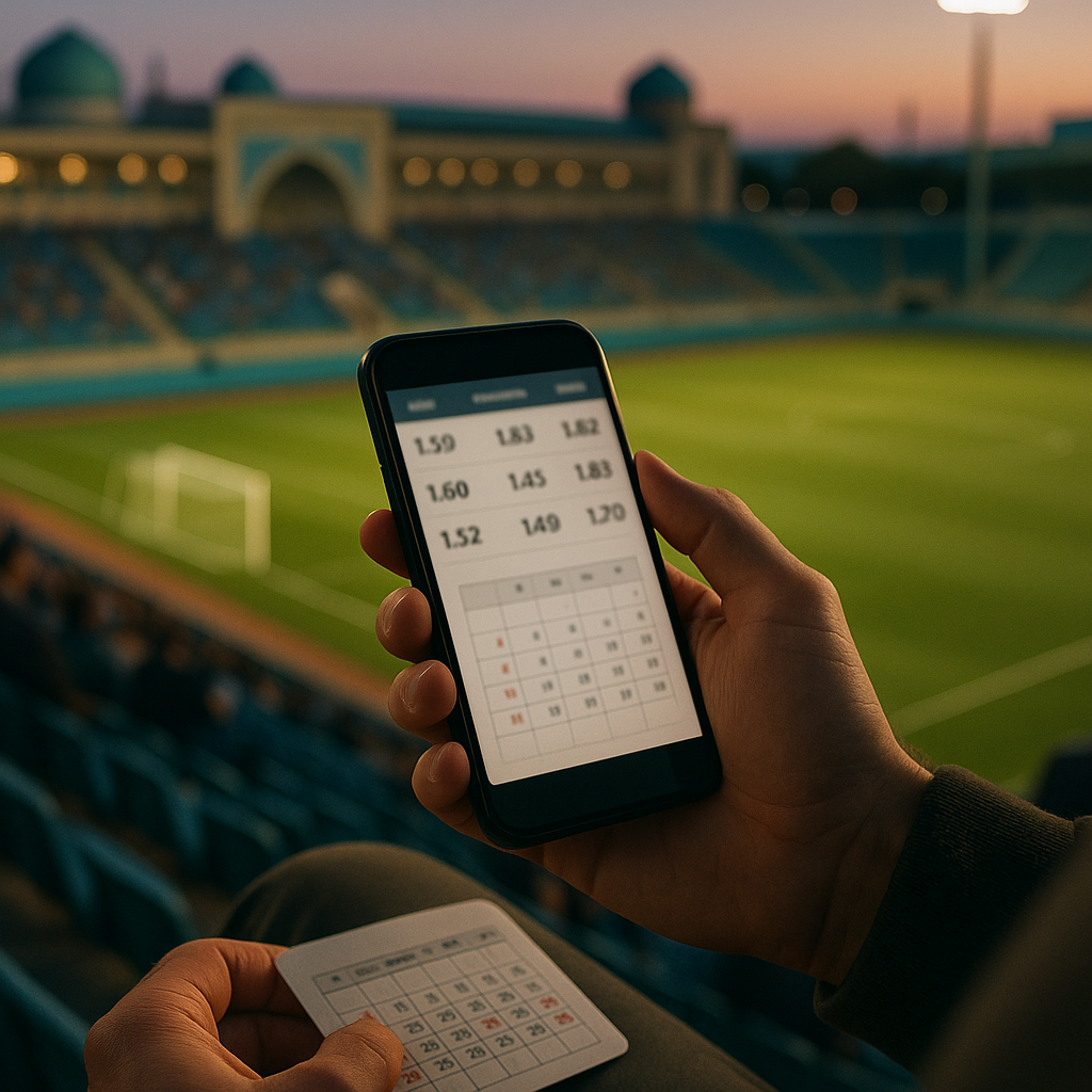 Uzbekistan football betting with smartphone, stadium at dusk, odds and calendar