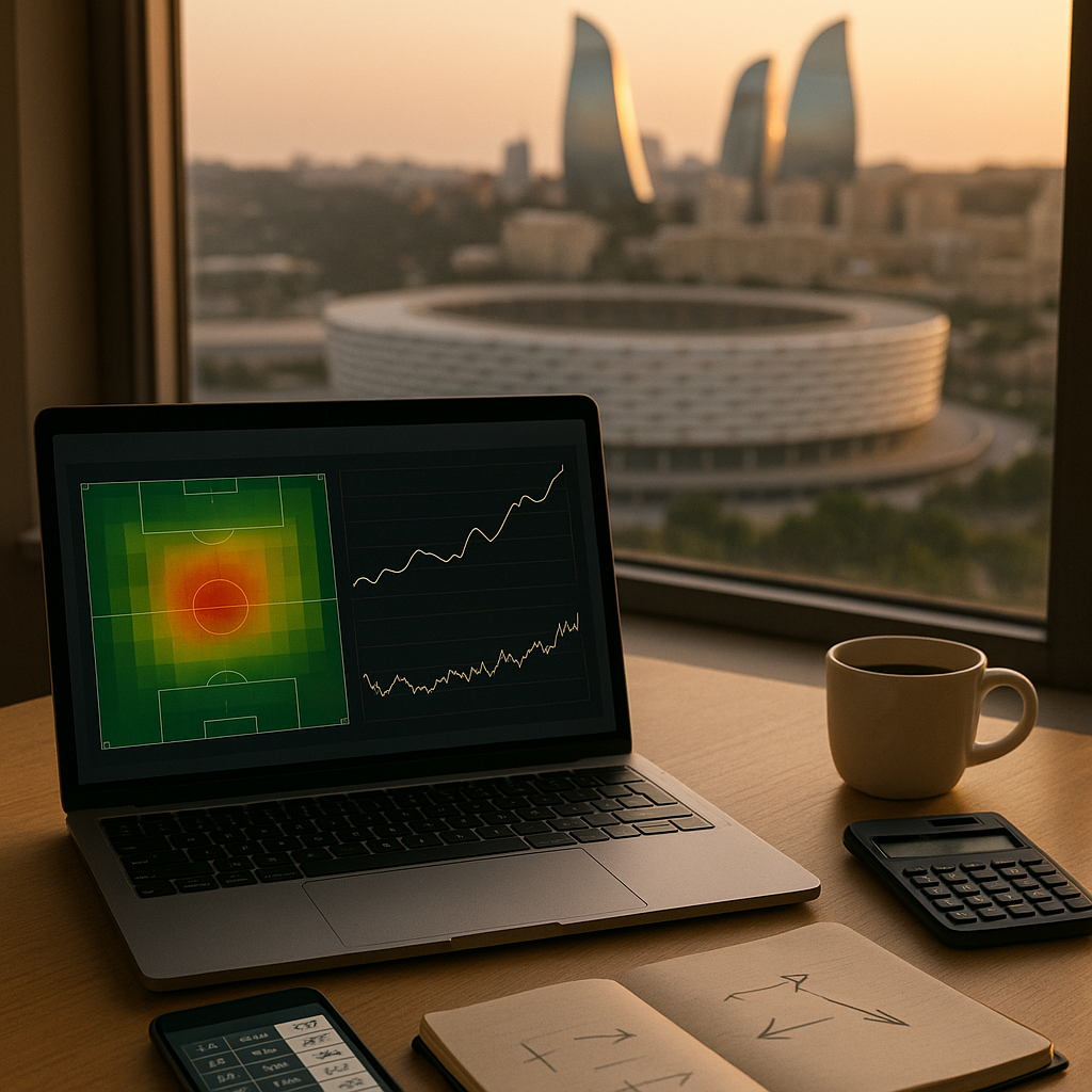 Data-driven Azerbaijan Premier League betting workspace with charts and Baku stadium at dusk.
